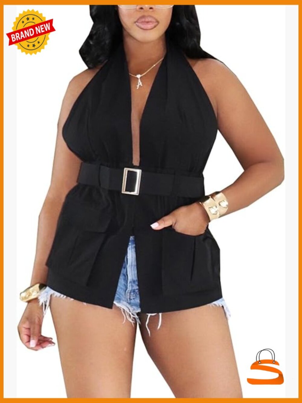 Halter Cargo Vest Top Backless Deep V Neck Belted Elastic Waist Pockets Utility